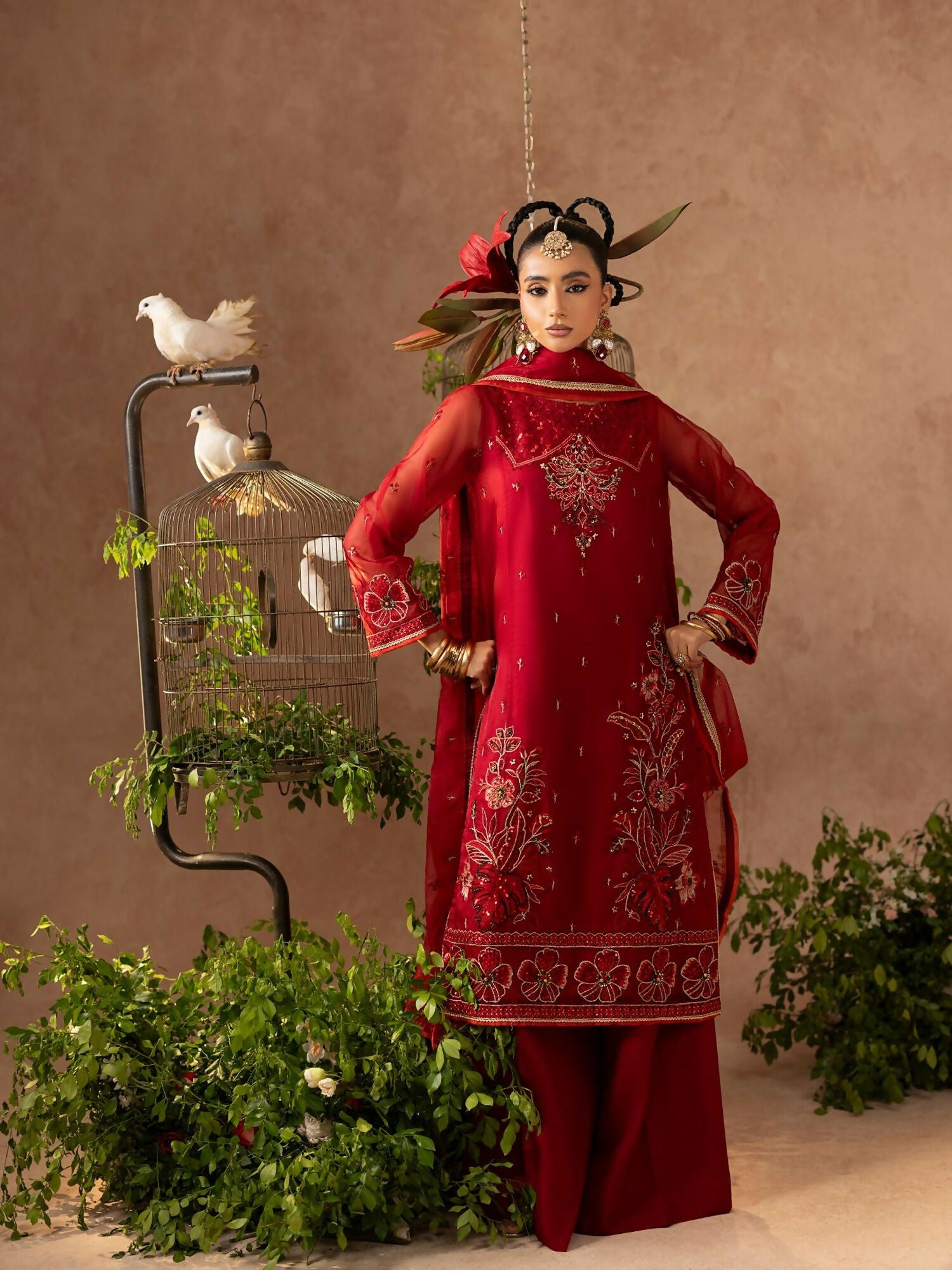 Shurooq Geet Organza Embroidered Stitched 3-Piece Suit-Mahia