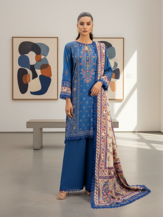 Mausummery Linen Printed Unstitched 3-Piece Suit-Ferozeh