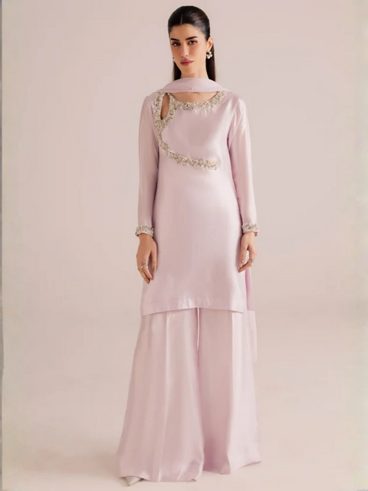 Allure By IH Silver Night Tussel Silk Embroidered Stitched 3-Piece Suit-Silver