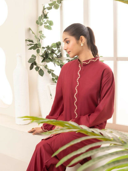 Stylish Collection Aaraish Linen Embroidered Co-Ord Set-Maroon Ringles