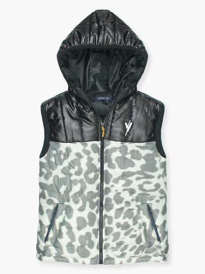 Grey and Black Velvour Printed Puffer Jacket-VJ36-A