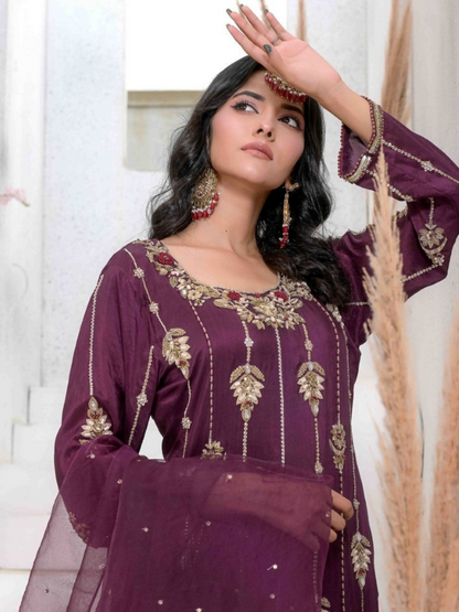 Ruby's Couture Ashiyana Pure Silk Embellished Stitched 3-Piece Suit-Parizaad