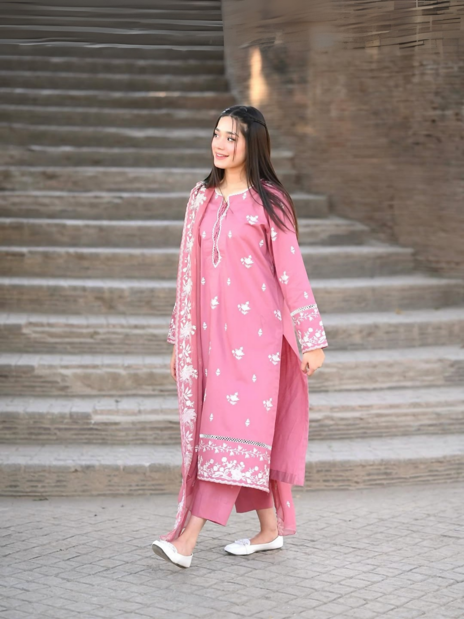 Stitched 3-piece suit with embroidered lawn shirt, chiffon dupatta, and plain trouser from Tehzeeb Libas.