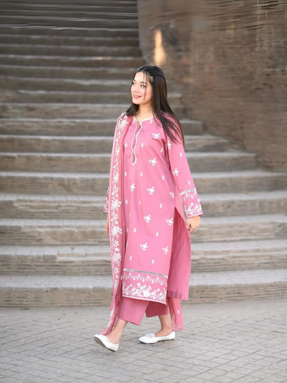 Stitched 3-piece suit with embroidered lawn shirt, chiffon dupatta, and plain trouser from Tehzeeb Libas.