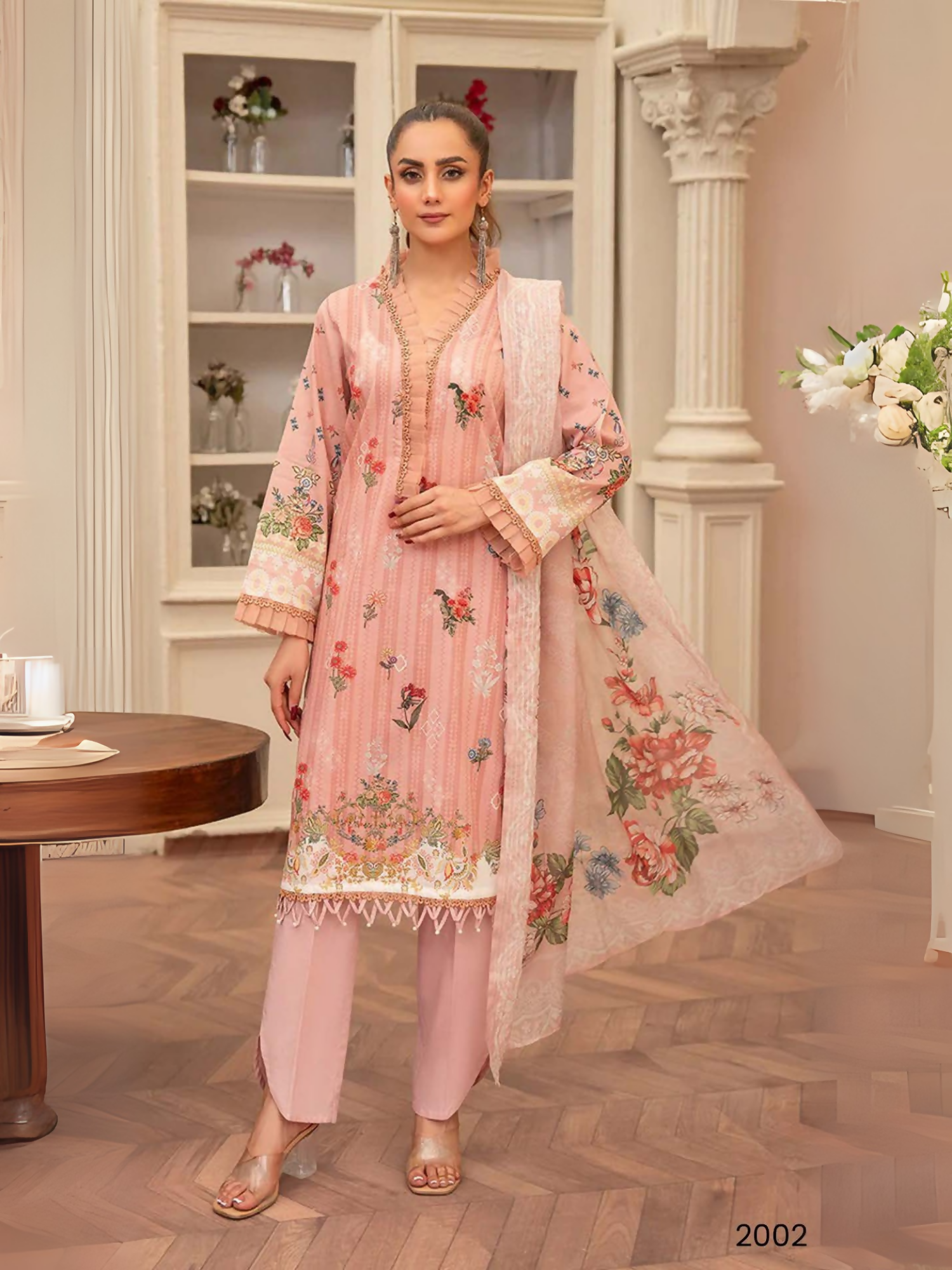 Blush pink unstitched 3-piece lawn suit by Sitara Sapna featuring floral printed shirt, dyed trouser, and digital printed dupatta