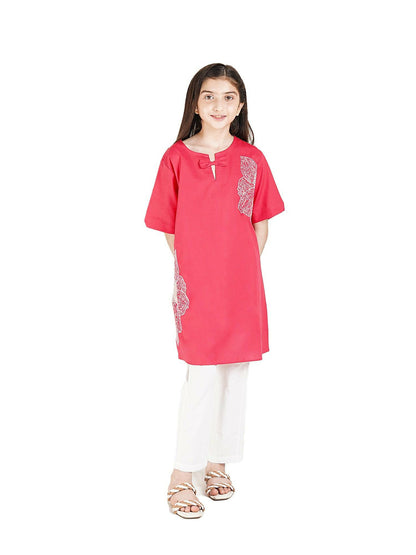 Red Velvour Girls Embroidred Co-ord Set-VG98-A