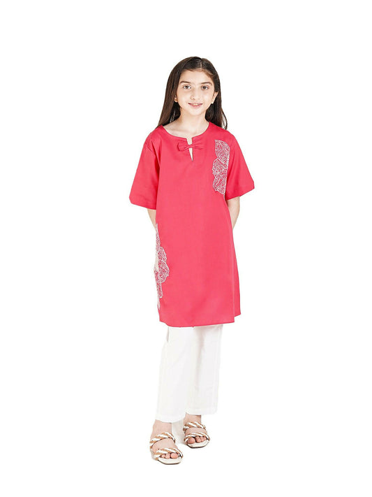 Red Velvour Girls Embroidred Co-ord Set-VG98-A
