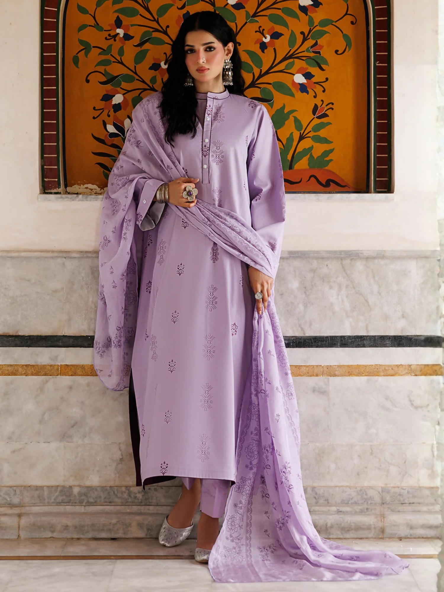 Lilac Panache Apparel Noor Mahal Cotton Printed Stitched Suit-Mehrzaar
