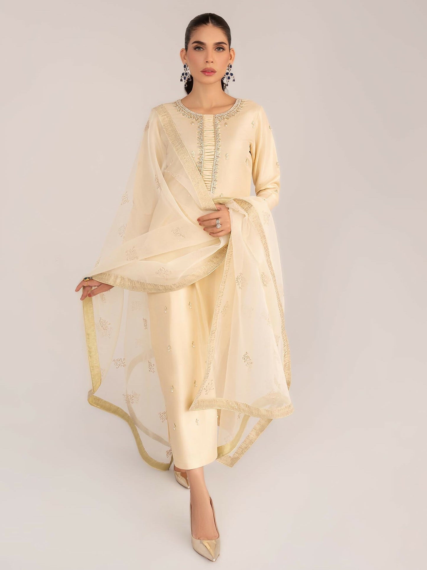 Allure By IH Raw Silk Embellished Stitched 3-Piece Suit-Opal
