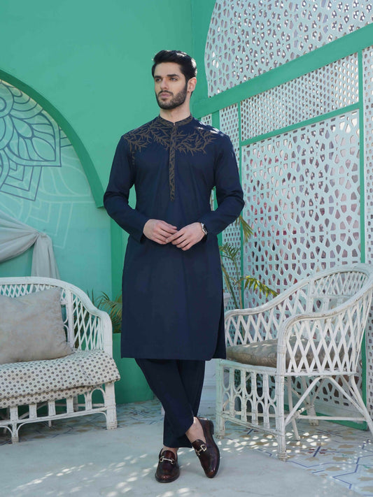Navy Fabrich Men Embroidered Cotton Unstitched Shalwar Kameez-GTS-B-032