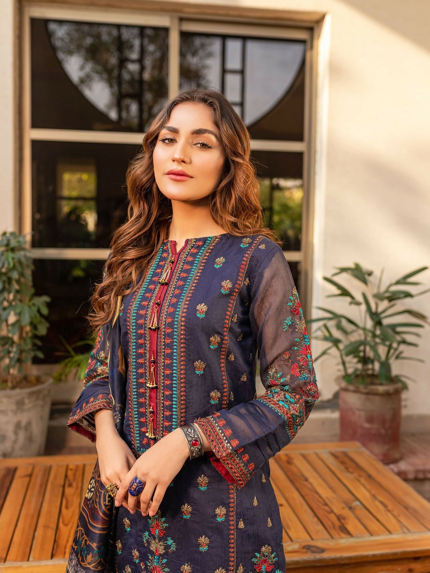 Panache Apparel Cotton Net Embroidered Stitched Suit-Bluebell