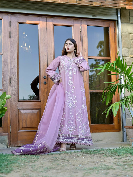 Farooq Hameed Studio Korean Raw Silk Embroidered Stitched 3-Piece Suit-Rhea