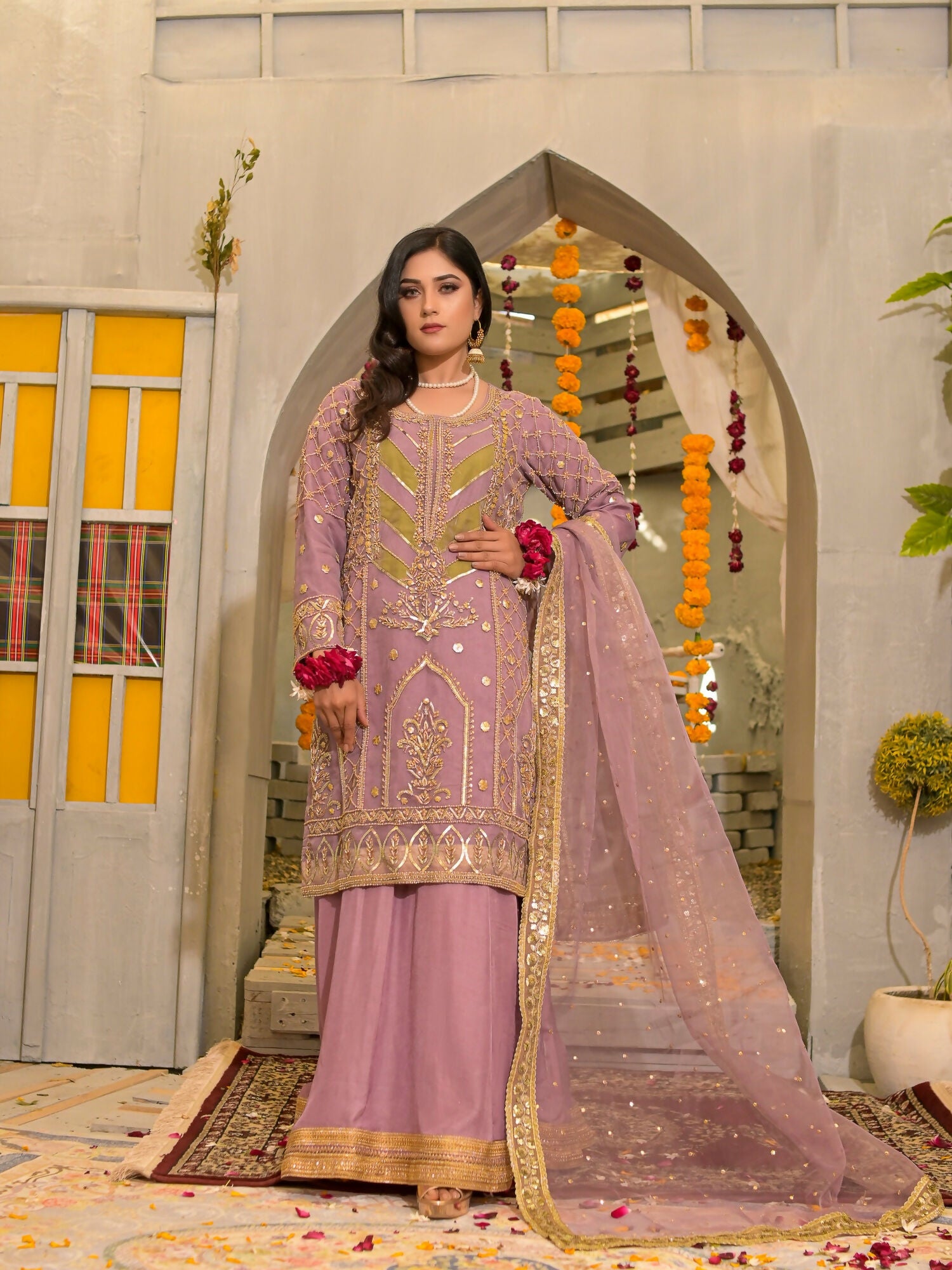 Ruby's Couture Poshak Plain Organza Embellished Lehenga-Mayal