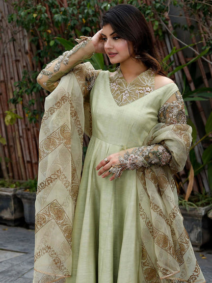 Shiza Hassan Nadia Luxury Pret Korean Raw Silk Embellished Pishwas-Mint Luminance