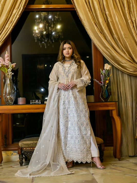 Farooq Hameed Studio Wedding Festive'25 Glass Silk Embroidered Stitched 3-Piece Suit-Noor