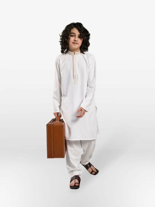 White Velvour Boys Embroidred Shalwar Kameez-VB178
