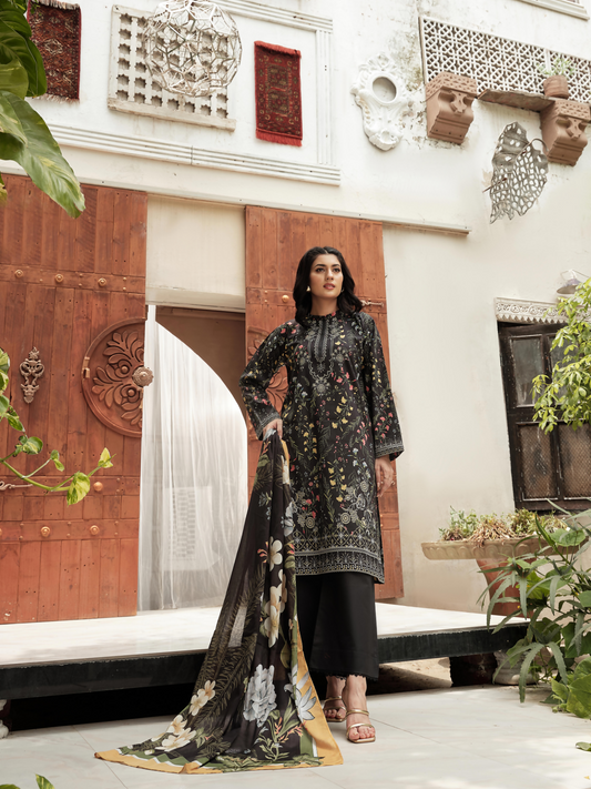 Unstitched 3-piece suit with a digital printed lawn shirt featuring floral patterns, digital printed lawn dupatta with large blooms and foliage, and a dyed lawn trouser.