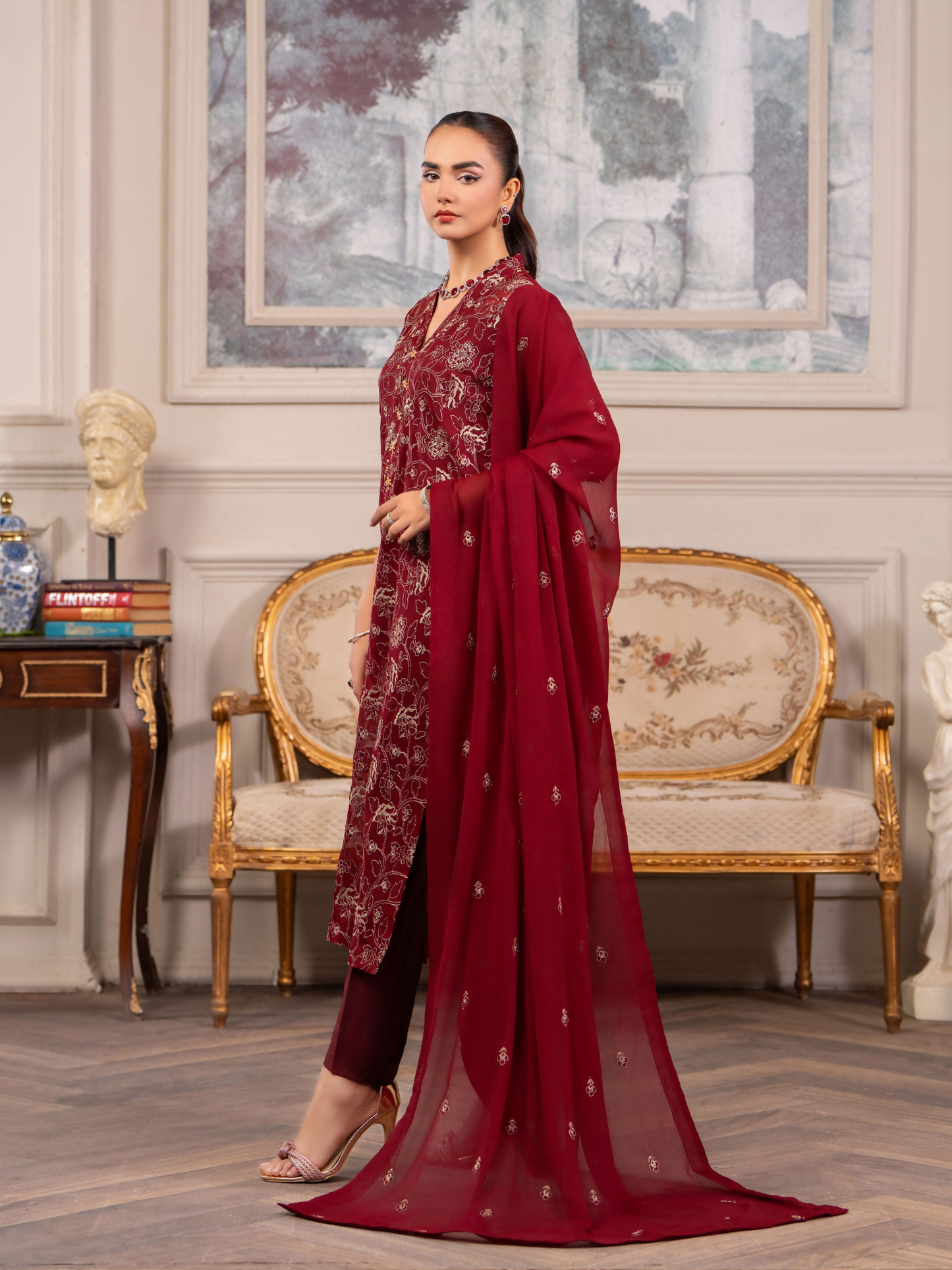 Hemstitch Chiffon Embroidered Stitched 3-Piece Suit-Melina