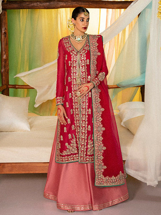 Hussain Rehar – Shocking Pink Organza Front-Open Jacket with Rose Gold Sharara and Embellished Organza Dupatta