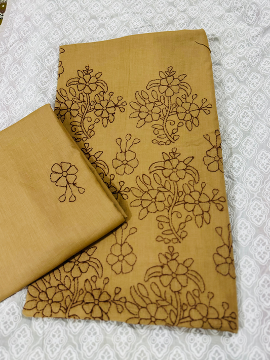 Fehm unstitched beige lawn 2-piece suit with hand embroidered floral patterns on the shirt front, plain back, embroidered sleeves, and matching hand embroidered dupatta.