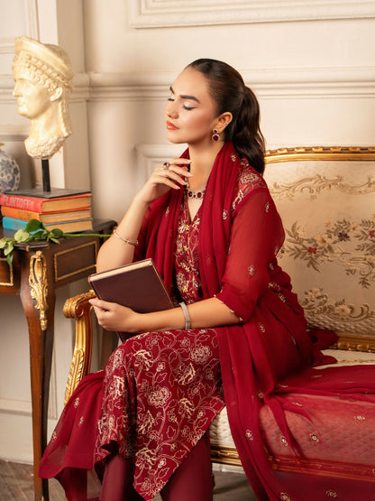 Hemstitch Chiffon Embroidered Stitched 3-Piece Suit-Melina