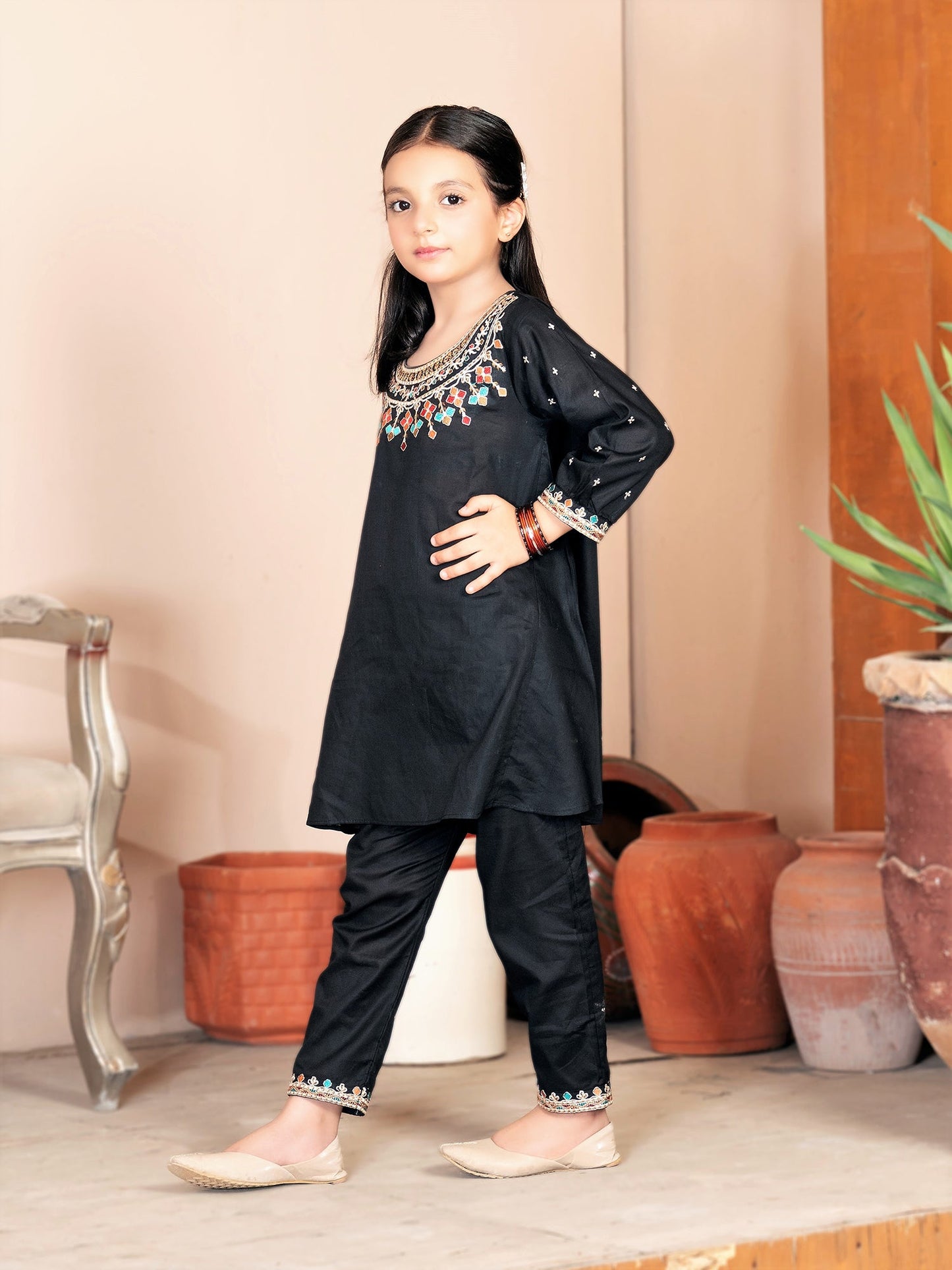 Velvour Girls Cotton Embroidered Stitched 2-Piece-Suit-VG63-B