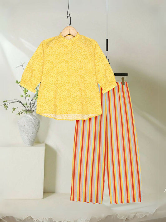 Yellow and Orange Velvour Girls Printed Co-ord Set-VG160-A