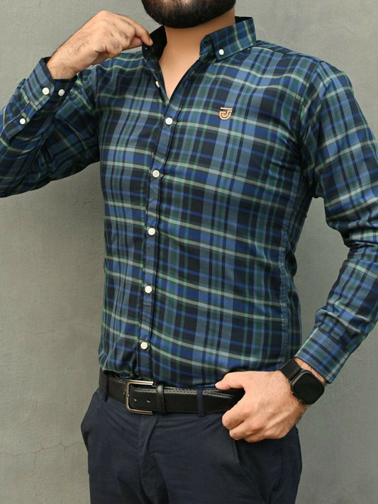 Jupiter Executive Checked Pro Fit Black Cotton Casual Shirt for Men featuring a black checkered design, chest logo, and embroidery on cuffs