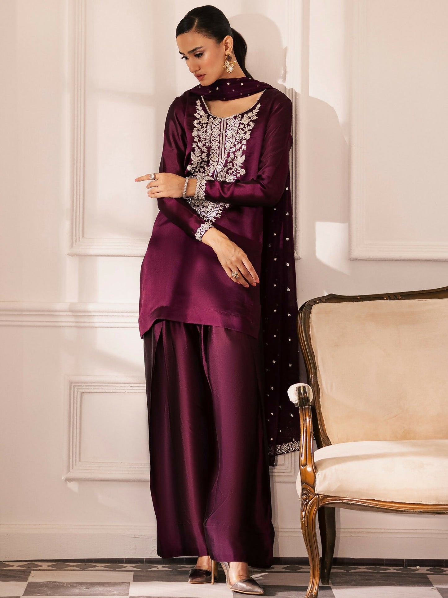 Allure By IH Be-My-Guest Thai Silk Embroidered Stitched 3-Piece Suit-Raisin