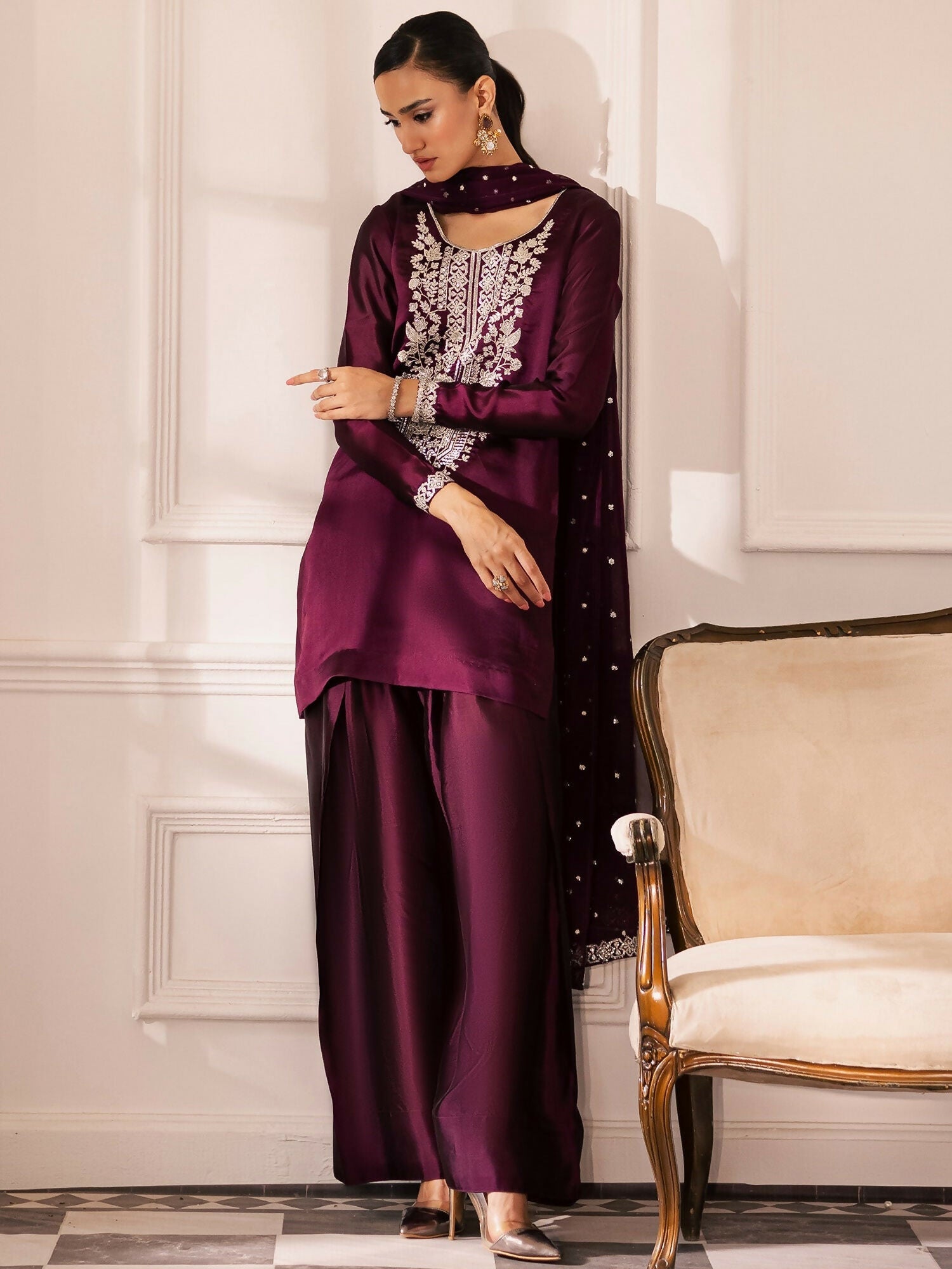 Allure By IH Be-My-Guest Thai Silk Embroidered Stitched 3-Piece Suit-Raisin