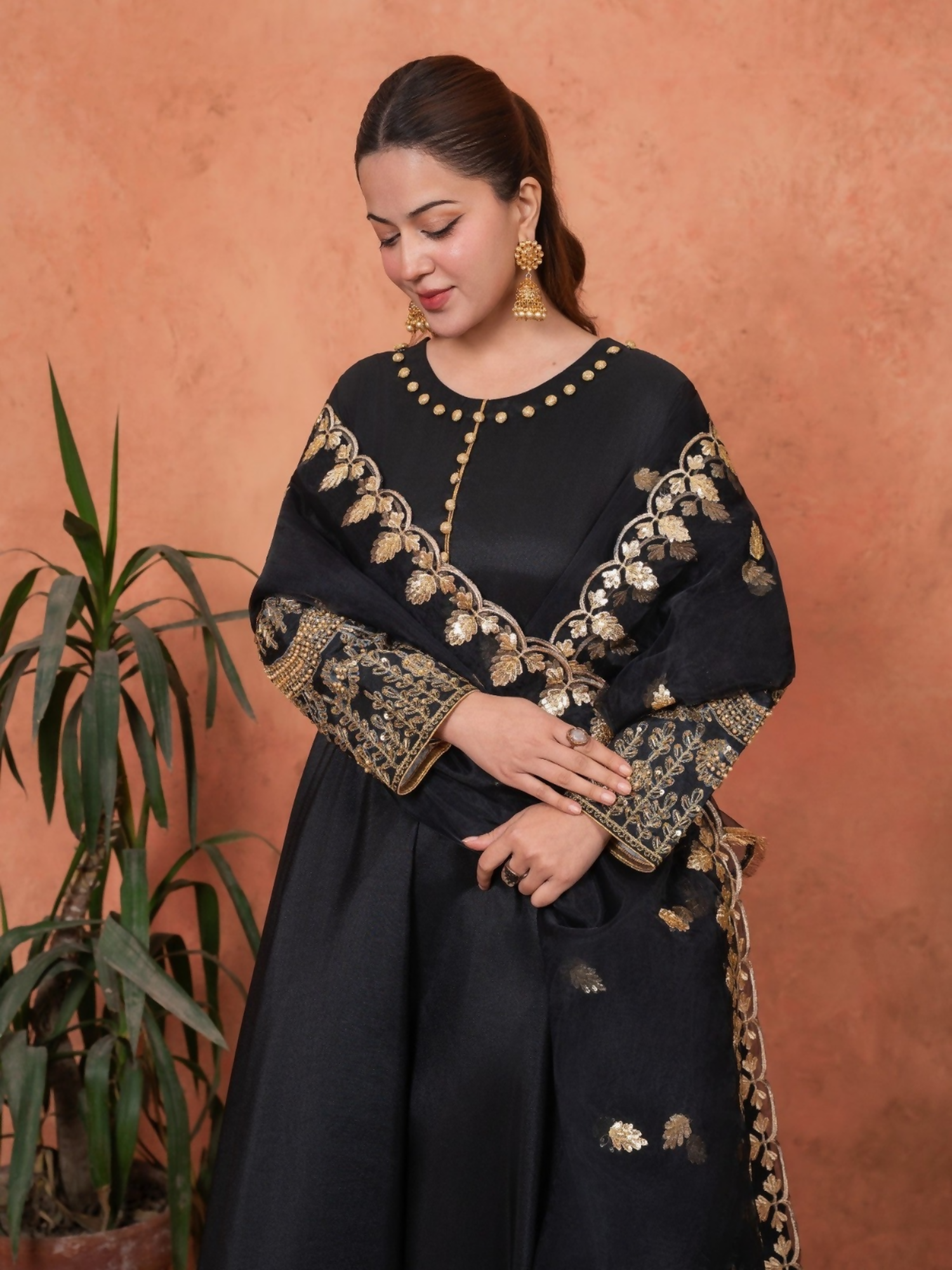 Stylish Collection Majeste Silk Embroidered Maxi-Zuri Black