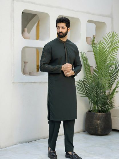 Fabrich Men Wash & Wear Embroidered Unstitched Shalwar Kameez-Phthalo-Green
