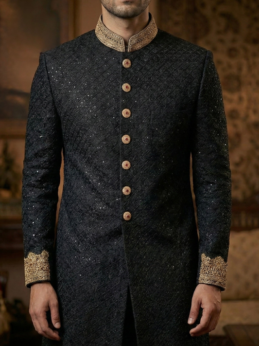 Gem Garments Janaan Raw Silk Embellished Sherwani-Aks-e-Raat