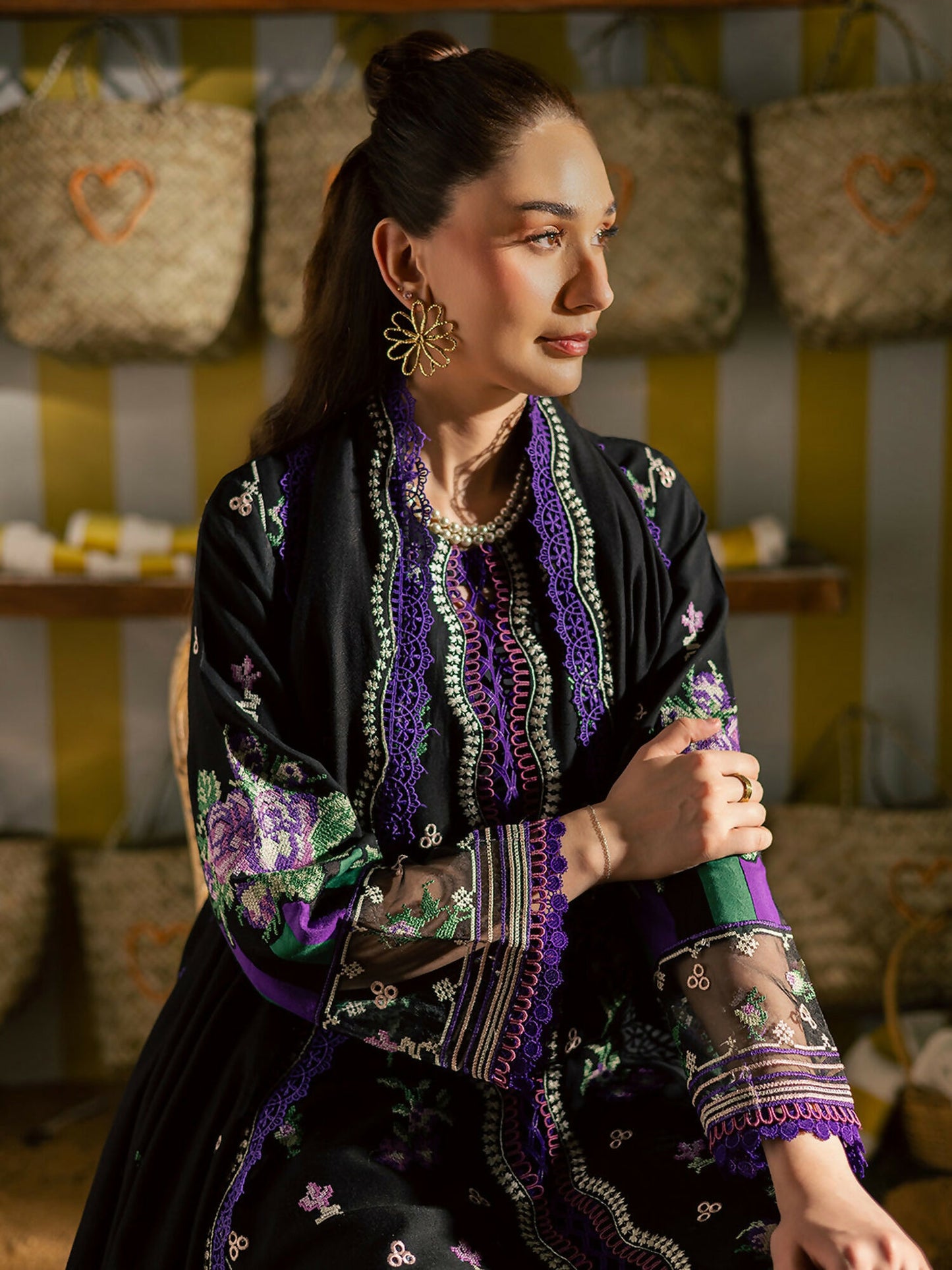 Mahnur Kaia Slub Linen Embroidered Stitched 3-Piece Suit-K- 02