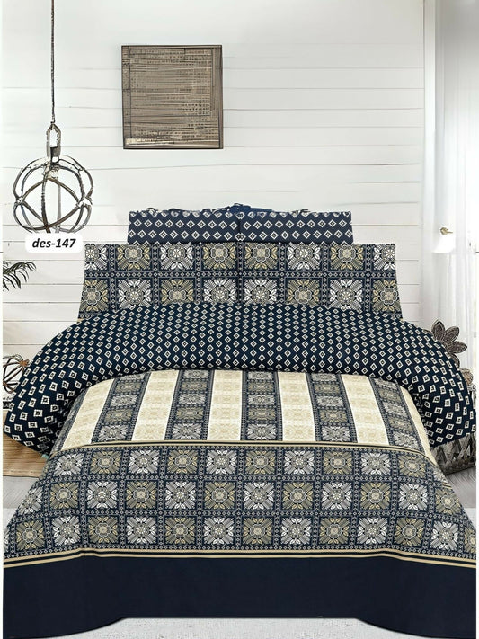 Black king-size bedsheet with white and beige design pattern and two matching pillow covers in poly cotton