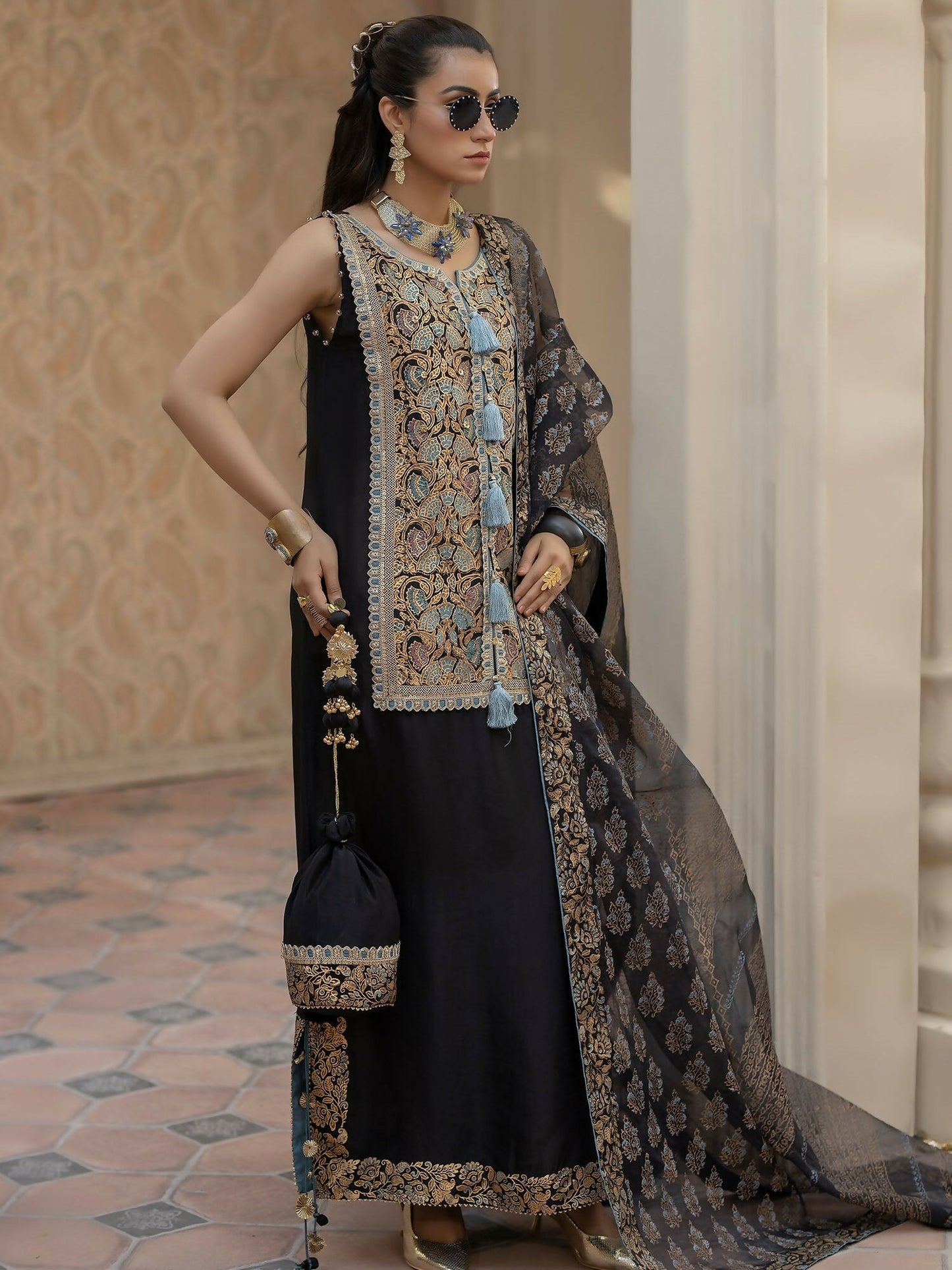 Shiza Hassan Chap Tilak Formals Pure Tusser Silk Embroidered Stitched 2-Piece Suit-Dhalia
