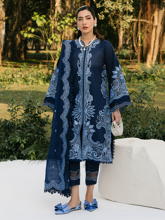 Borer embroidered lawn suit with organza sleeve motifs, embroidered dupatta, and cotton trouser with lace detailing.