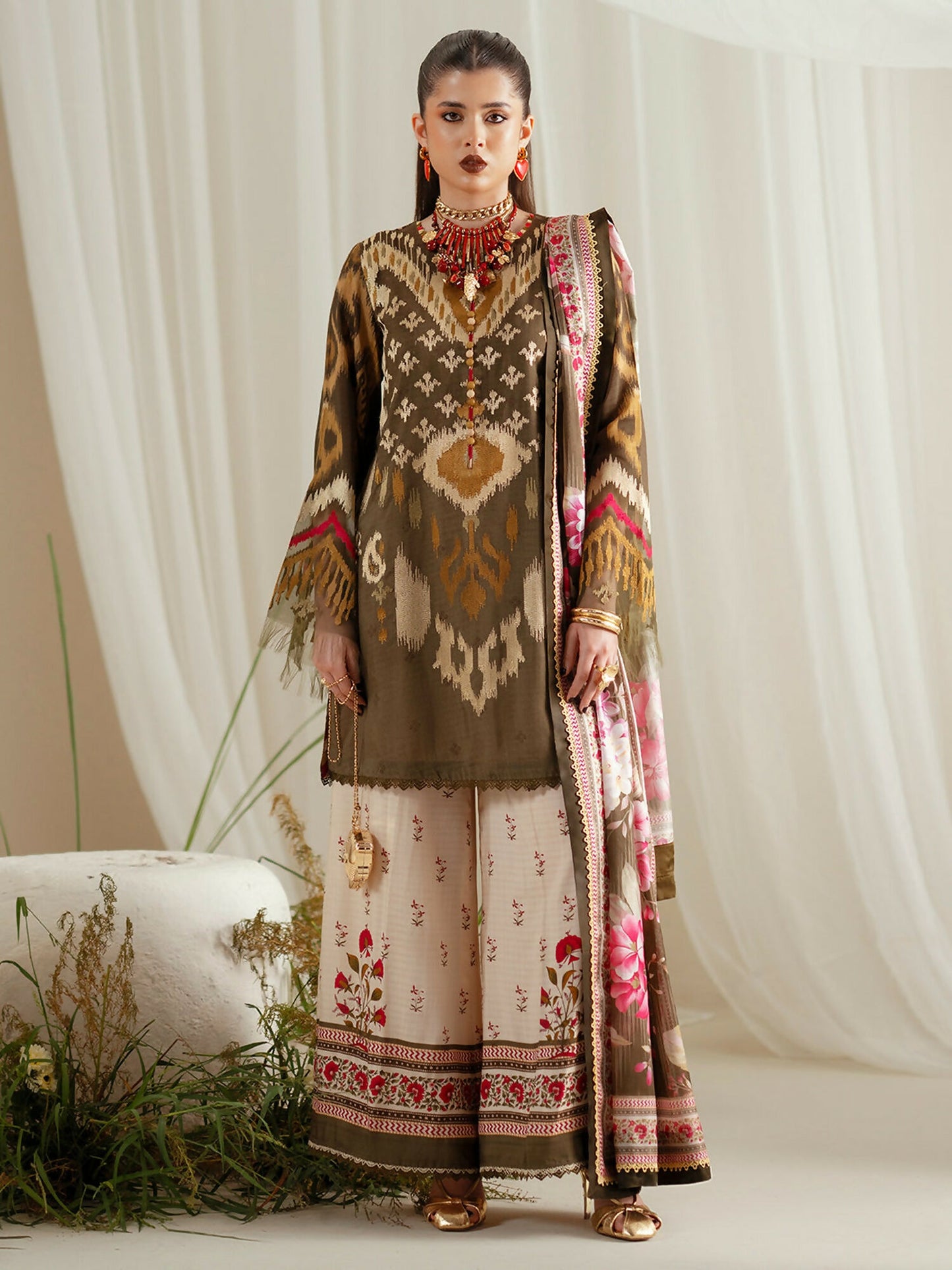 Binilyas Eres Bonita Viscose '25 embroidered unstitched suit with printed shirt, organza lace, silk dupatta, and printed trouser.