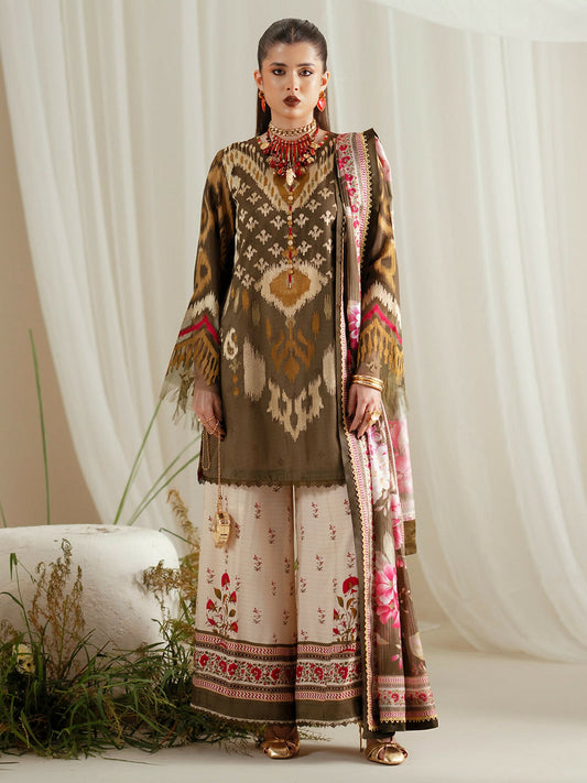 Binilyas Eres Bonita Viscose '25 embroidered unstitched suit with printed shirt, organza lace, silk dupatta, and printed trouser.