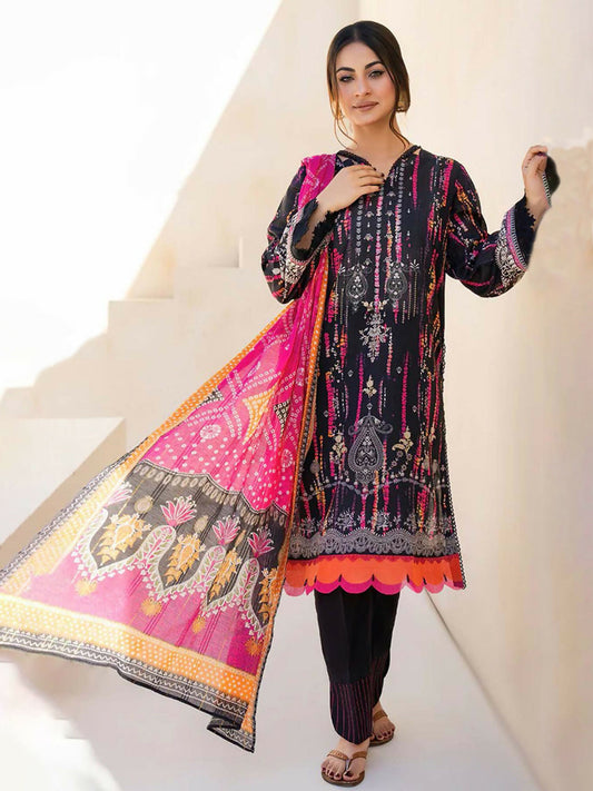 Unstitched 3-piece suit featuring black digital printed slub lawn shirt with silver and magenta motifs and orange scalloped border, vibrant fancy fabric dupatta in pink and saffron, and plain lawn trouser.