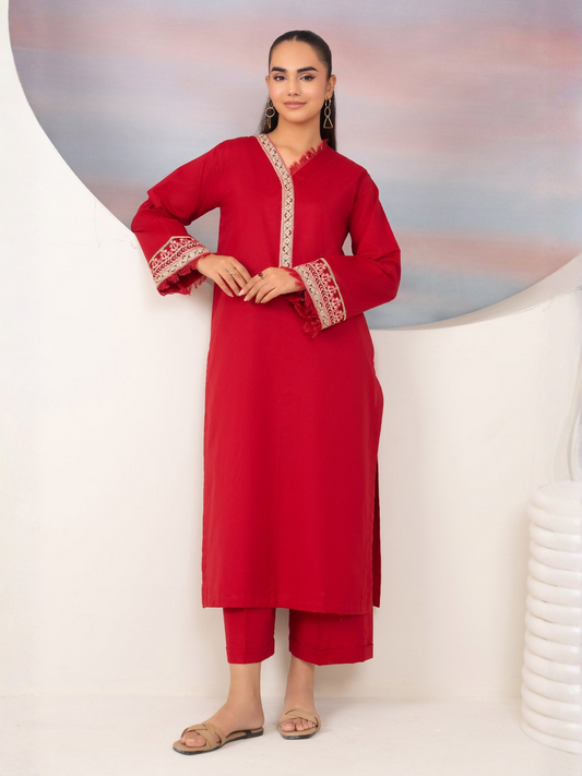 Panache Apparel Winter Whisper Khaddar Embroidered Stitched Suit-Scarlet