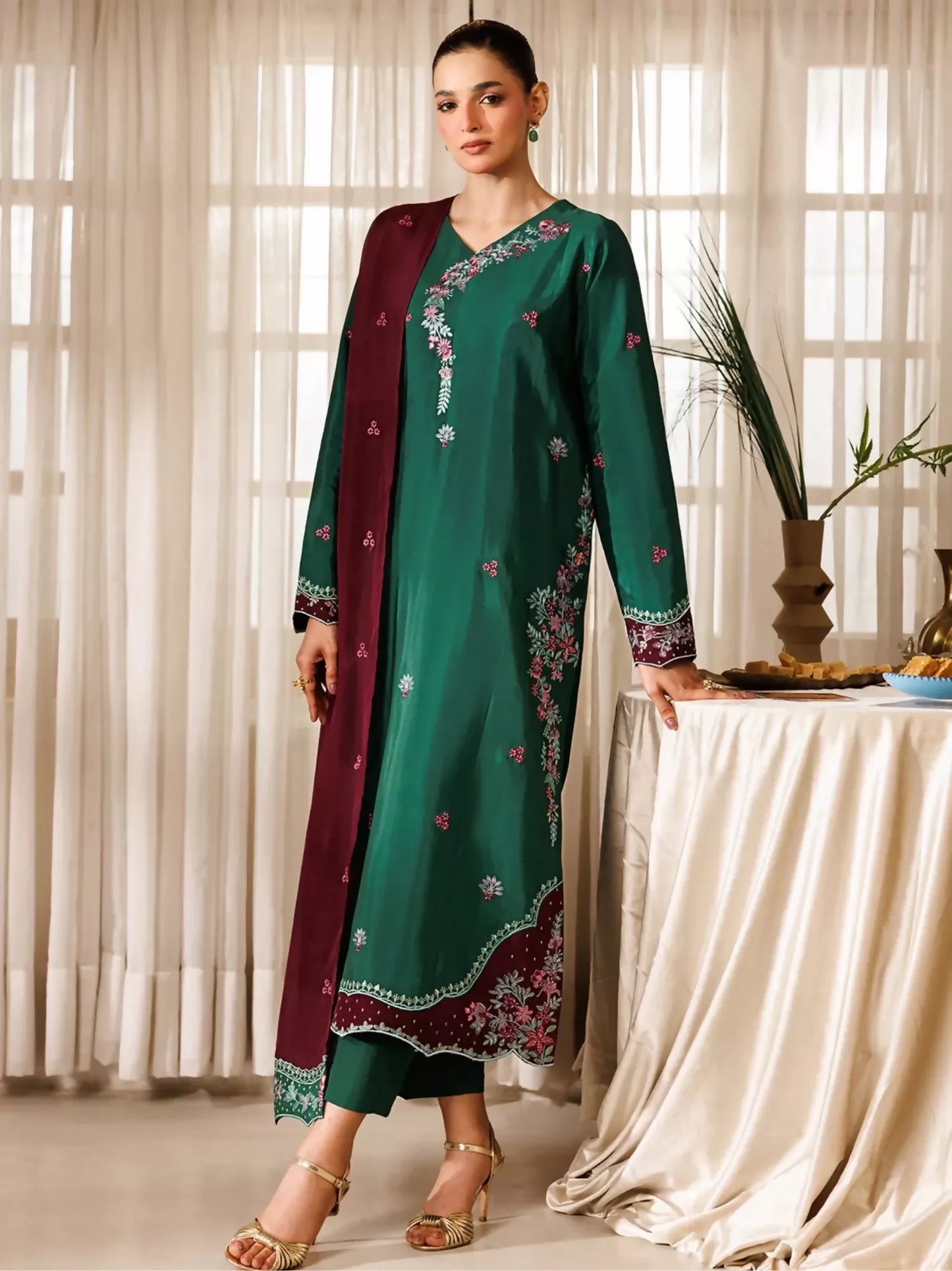 Panache Apparel Noore Eid Edit Raw Silk Embroidered Stitched Suit-Neelofer