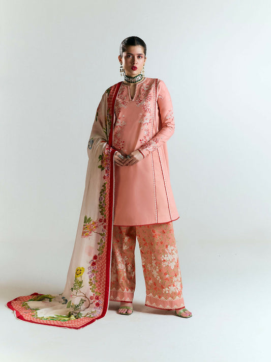 Light pink embroidered cotton shirt with pastel floral details, matching printed cotton shalwar with embroidery, and digitally printed silk dupatta in vibrant botanical motifs with red scalloped border.