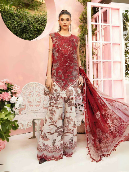 Maria.B printed lawn shirt with embroidered neckline and organza patti, paired with printed cambric trousers and printed chiffon dupatta.