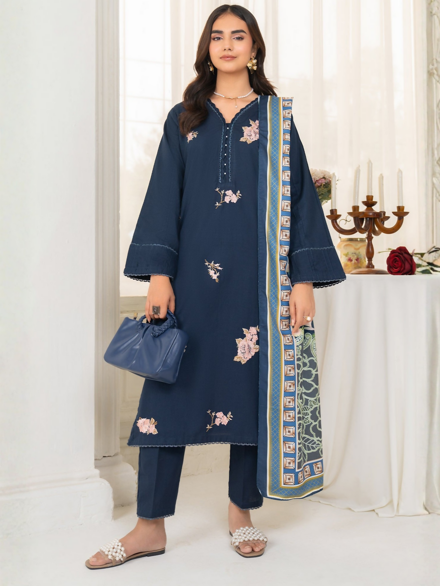 Panache Apparel Winter Whisper Khaddar Embroidered Stitched 3-Piece Suit-Navy Frost