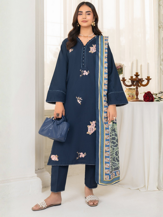 Panache Apparel Winter Whisper Khaddar Embroidered Stitched 3-Piece Suit-Navy Frost