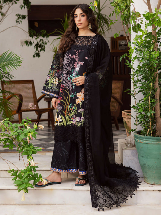 Mahnur Gulzar Viscose Collection – Unstitched 3-Piece Suit with Viscose Printed Shirt, Embroidered Organza Neckline & Border, Embroidered Chiffon Dupatta, and Printed Trouser