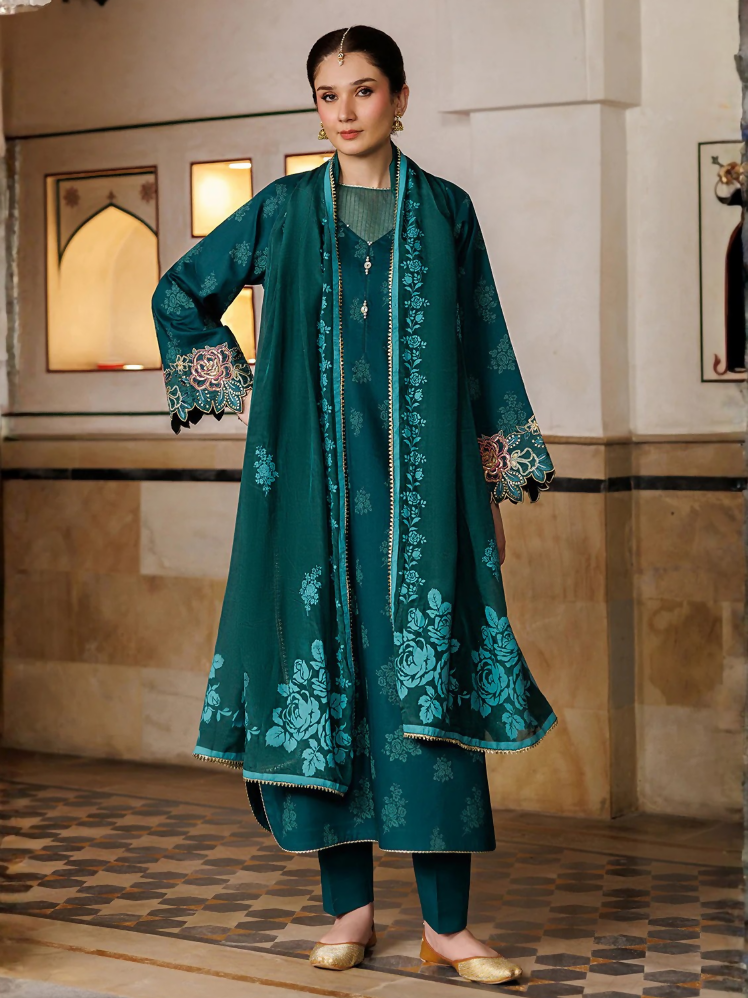 Green Panache Apparel Noor Mahal Cotton Printed Stitched Suit-Aabroo