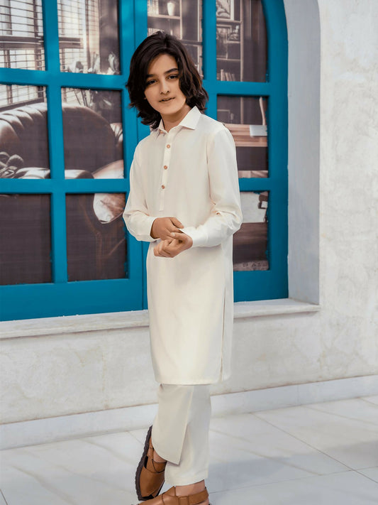 Off-White Velvour Boys Embroidered Kurta Set-VB208-B