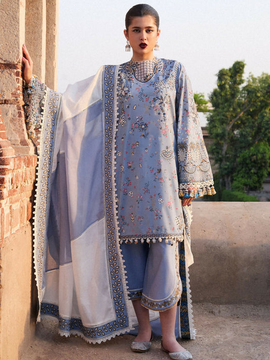 Ice Blue Hussain Rehar Luxury Lawn Embroidered Unstitched 3-Piece Suit-Fira